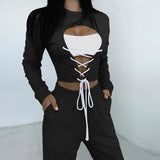 2020 new autumn/winter style fashion hollow-out lace-up long-sleeved blouse slimming body casual trouser suit