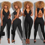 2020 v-neck backless women jumpsuits skinny fitness sporty active wear workout zipper solid streetwear outfits