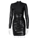 2020 autumn/winter new fashion sexy slim body show long sleeve leather dress black dress in stock