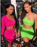 Women Two Piece Bodycon One Shoulder Shirt Set Casual Club Wear Party Crop Top Dress Sexy Clothes