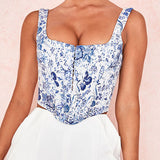 X00051S 2021 sexy ethnic style with the national wind blue and white slim crop tank top women