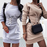 Women's round-necked long-sleeved hoodie dress sexy solid color waist dress casual autumn dress