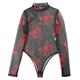 X01053C Transparent Sexy Mesh Bodysuit New Arrival Long Sleeve Dragon Print Body Mujer Rompers Womens Jumpsuit Summer