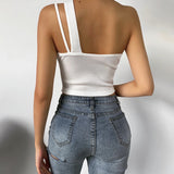 X01017C One Shoulder Sleeveless Fashion Summer Crop Tops Vest Female Hollow Out Sexy Backless Bustier Top Tees Short