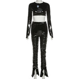 X01132S New mirror PU leather trouser legs with split navel long sleeve top set