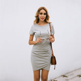 instagram summer solid color O neck short sleeve ruched vestidos mujer dresses sheath mini dress