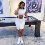 Ribbed Bandage Bodycon Women Rompers Short Sleeve Hollow Out Solid Playsuits Skinny Sexy Solid Biker Shorts Playsuit