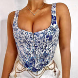 X00051S 2021 sexy ethnic style with the national wind blue and white slim crop tank top women