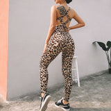 Women Hollow Out Cross Backless Jumpsuit Fitness Leopard Print Women's Elasticity Sports Yoga Jumpsuits