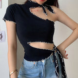 X00385M New women's irregular hollowed-out sexy tops strapless lace T-shirt street snap top