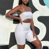 Cut Out Solid Bodycon Rompers Women Strapless Fitness Workout Biker Shorts Playsuits 2020 Summer Sporty Active Wear New