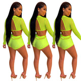 X00074L Sexy gauze see-through women two-pieces sets long sleeve backless crop top and hot pants solid color fashion club suits