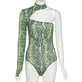 X00586V Autumn 2021 one shoulder sleeved sexy backless snake-print slim onesie