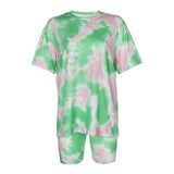 Ready to ship summer tie dye print casual woman clothing tshirt two piece short set