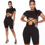 Ribbed Bandage Bodycon Women Rompers Short Sleeve Hollow Out Solid Playsuits Skinny Sexy Solid Biker Shorts Playsuit