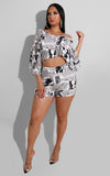 X00442S 2021 Newspaper suit shorts in loose, sexy print two-piece set