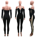 Sexy necktie slim zipper splice pantaloon ladies pencil pants long sleeve jumpsuit sexy casual bodycon