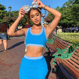 X00141M Slim sexy mini vest and short dress custom light wash blue elastic crop top 2021 Summer hot sale 2 pieces set