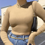 X01139S Round neck long sleeves rubber band bare back solid color tight versatile top woman tops fashionable