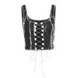 X01269C sexy low-neck hollow out sleeveless crop top striped patchwork drawstring bandage club party wear vest camisole fashion