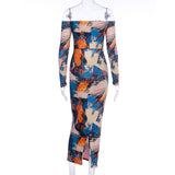 Off Shoulder Sexy Cut Out Sexy Women Maxi Dresses Skinny Print Party Clubwear Hot Long Sleeve Fashion Bodycon Dress Hot