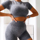 X01181C Casual Sporty Active Wear Matching Sets Women Short Sleeve Workout Solid 2 Piece Outfits Basic Crop Top And Shorts Set