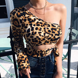 X00848C One Shoulder Cropped Tops Hollow out Leopard Print Lace up T-shirts for Women Slim Fashion Tees