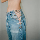 X00703S Hollow-out sexy side chain with high-waisted jeans for women versatile slim straight pants