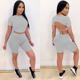 X00471S 2021 fashion women outfit Two-piece set of short sleeved shorts with backless straps