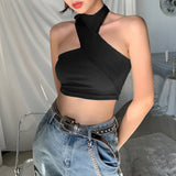 X02100C Fashion Sexy Backless Tank Tops for Women Halter Sleeveless Club Party Solid Knitted Crop Top Slim Streetwear