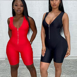 V Neck Zipper Bodycon Rompers Womens Jumpsuit Sleeveless 2020 Summer Sporty Workout Biker Shorts Playsuits Skinny Solid