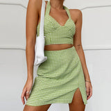 X00227M Hot sale women's high-waisted plaid skirt sexy short hanging neck halter vest two pieces set