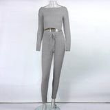 X01095M Casual long sleeve crop navel tops trousers two piece set Solid color woollen knitted suit in stock