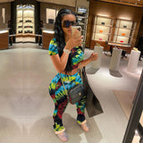 X00521L Phoenix New arrival sport women two-piece set+Tie-dyed butterfly short sleeve pantsuit