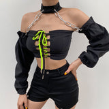 X00641M New women's chain long sleeve blouse chain sexy hollowed-out collared tie