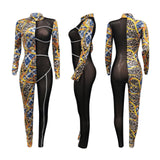 Phoenix Sexy jumpsuit stand collar and color tights Printed mesh woven tape spliced jumpsuit