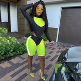 Casual Neon Women Two Piece Sets Fashion Reflective Active Wear Tracksuit Bodysuit And Biker Shorts Matching Set Sport