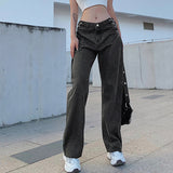 X00703S Hollow-out sexy side chain with high-waisted jeans for women versatile slim straight pants