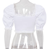 X00187L Hot in summer New women's tops +Sexy square-collar top with lace trim+Puff top with short sleeves