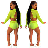 X00074L Sexy gauze see-through women two-pieces sets long sleeve backless crop top and hot pants solid color fashion club suits