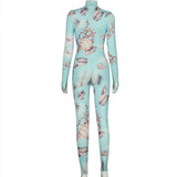 Phoenix Marine print back open zipper retractable body long sleeve girdle foot jumpsuit trousers