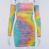 2020 Autumn New tie-dye sexy women dress+Pleated skirt with long sleeves and shoulders