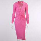 Elegant Fashion Pink Women's Midi Dresses Bodycon Party Club Outfits Long Sleeve Fall Ruched Wrap Dress Clothes