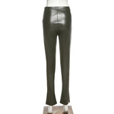 X01903C Solid Women Faux Leather Pant Side Slit Pencil Trousers Streetwear Elegant High Waist Office Lady Vintage Leisure Pants