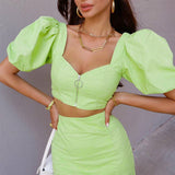 X00145M Fashion sexy slim suit 2021 summer women new crop top temperament skirt puff sleeve and split skirt 2 pieces set