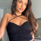 X00192M Hot selling women's new sexy pleated cross halter V neckline with backless vest and top