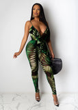 Hot style leaf print lady jumpsuits casual gallus bear shoulders low cut top & tight pants sexy & club fashion suits