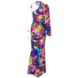 Side Slit Printed One Shoulder Maxi Dress Women Long Sleeve Fashion Ruched Bodycon Dresses Fashion Sexy Party Clubwear