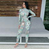 The new autumn fashion Marine print back open zipper retractable body long sleeve tie foot long suit trousers