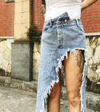 Women Blue Ripped Denim Skirt Long Bodycon Casual Irregular Hem Jeans Skirts For Ladies Club Wear